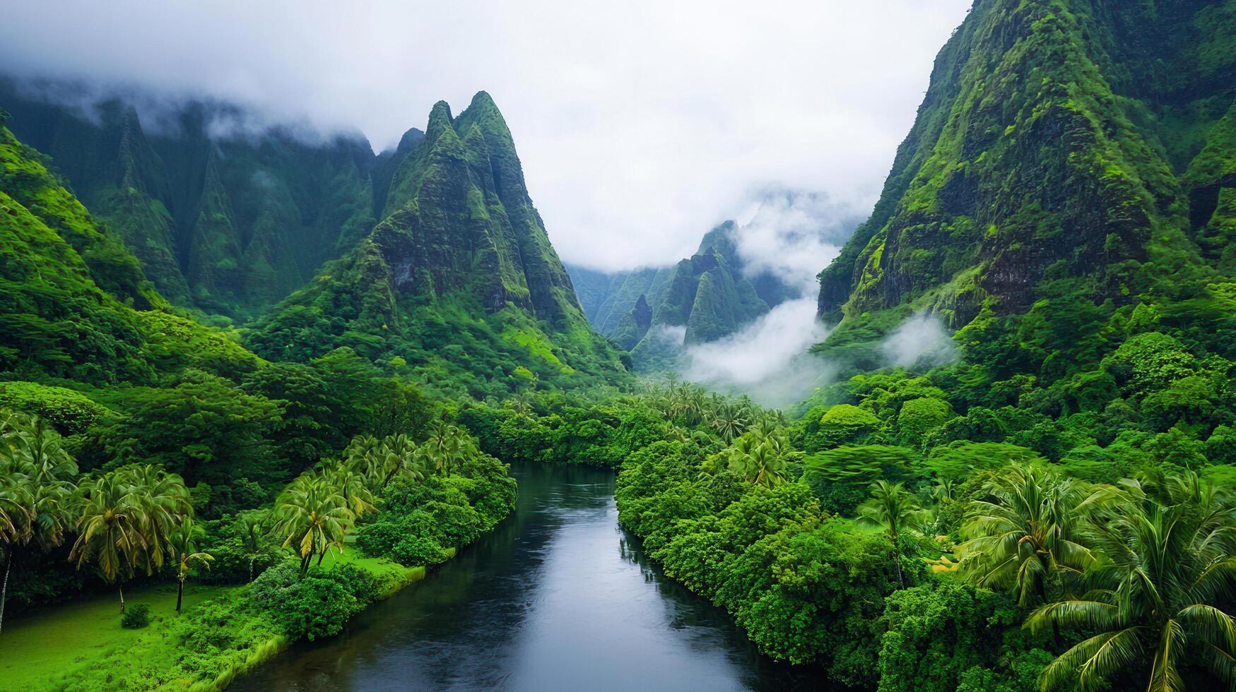 Lush Tropical River Valley Landscape with Misty Mountains and Palm Trees A breathtaking view of nature s beauty photo