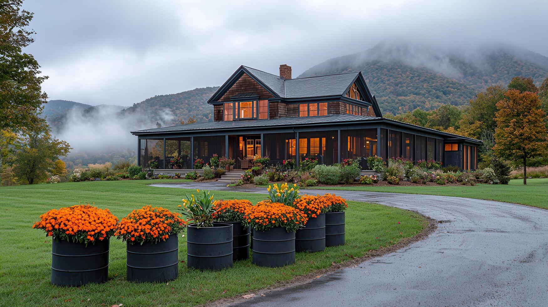Beautiful Autumnal Farmhouse nestled in the mountains with scenic views and flowering plants photo