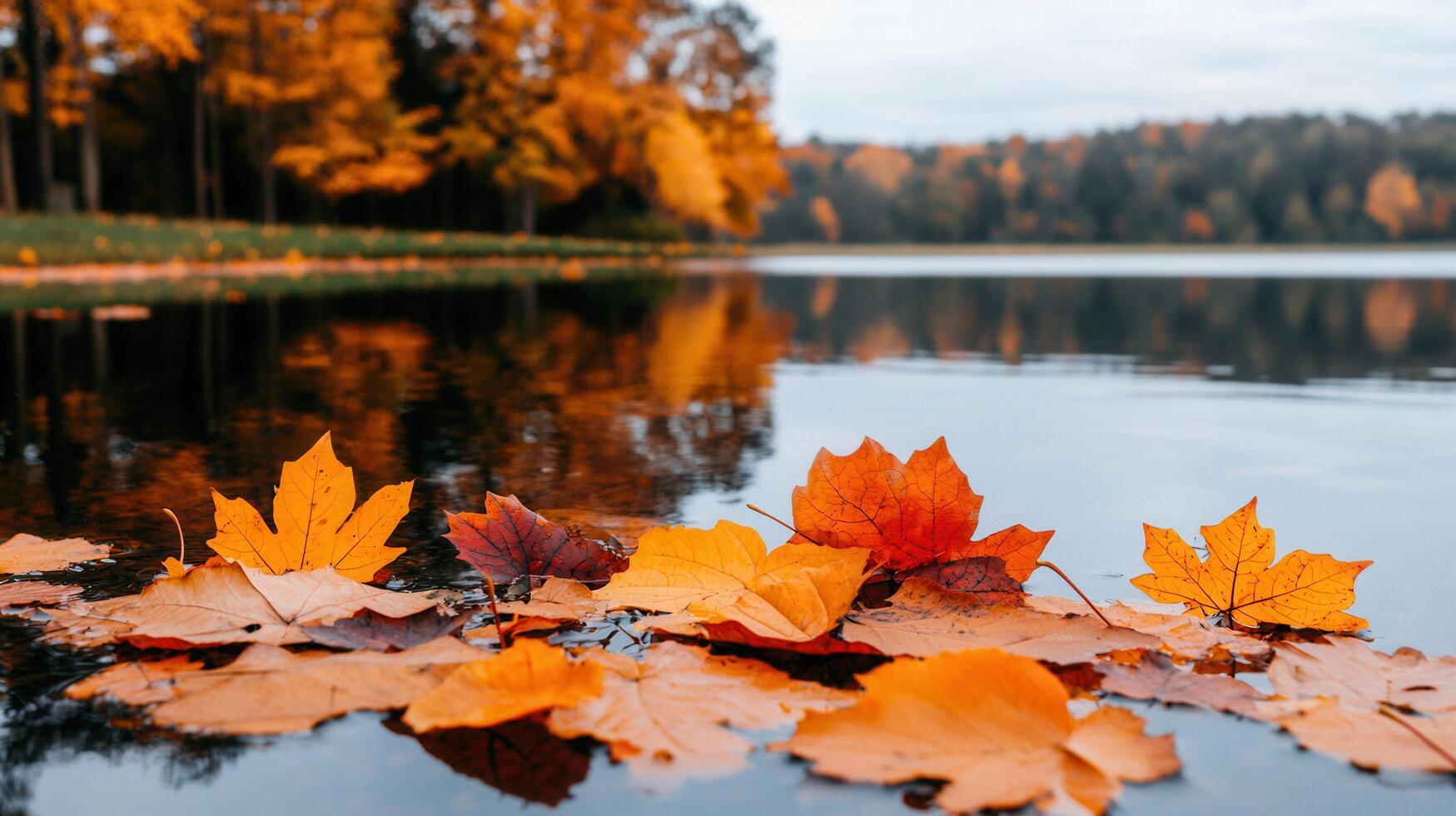 Autumnal lake scene with vibrant orange and red maple leaves floating on calm water reflecting autumn trees photo