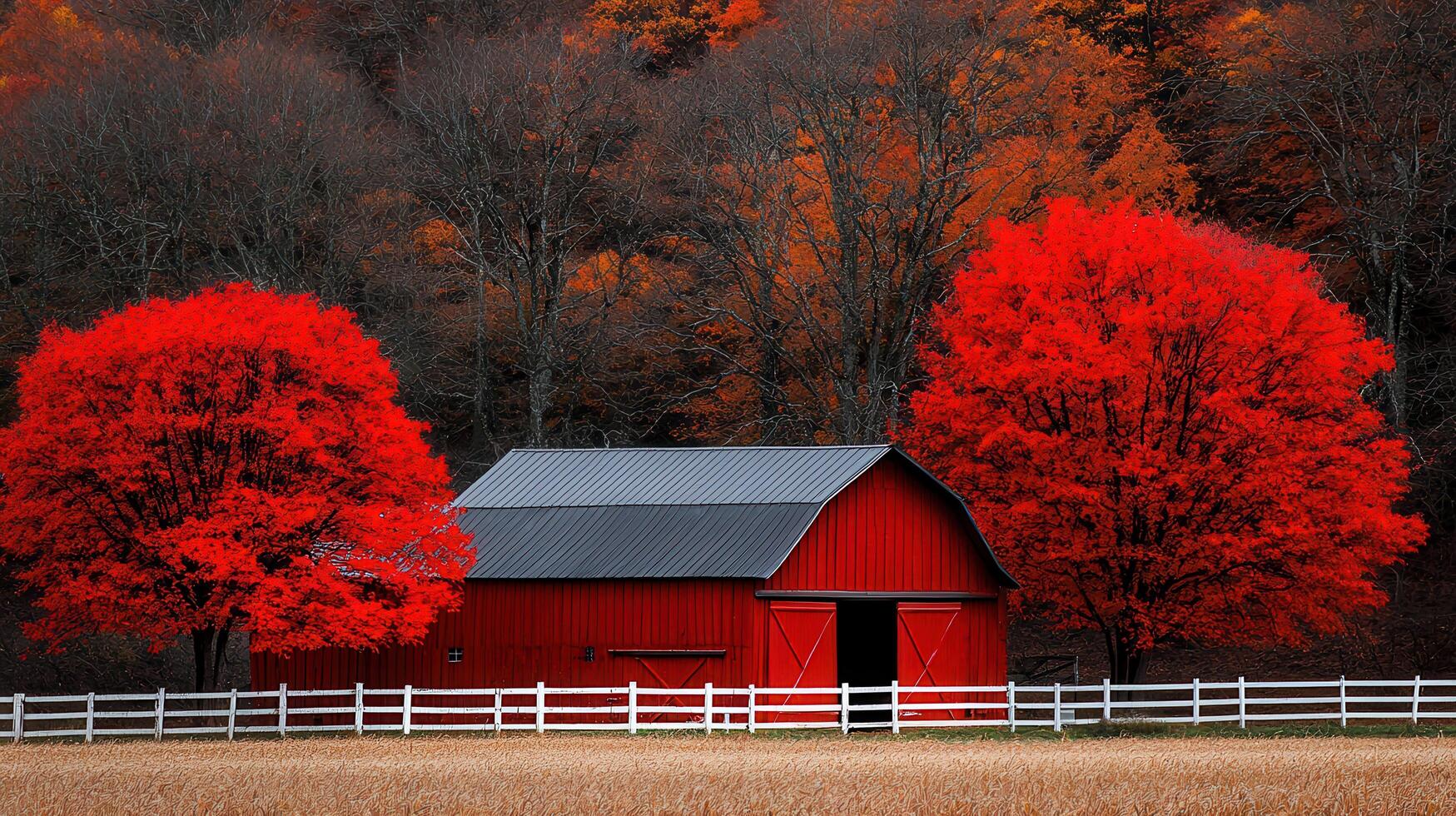 Red Barn Autumn Scene Vibrant Red Maple Trees Frame a Classic Red Barn in a Picturesque Autumn Landscape photo