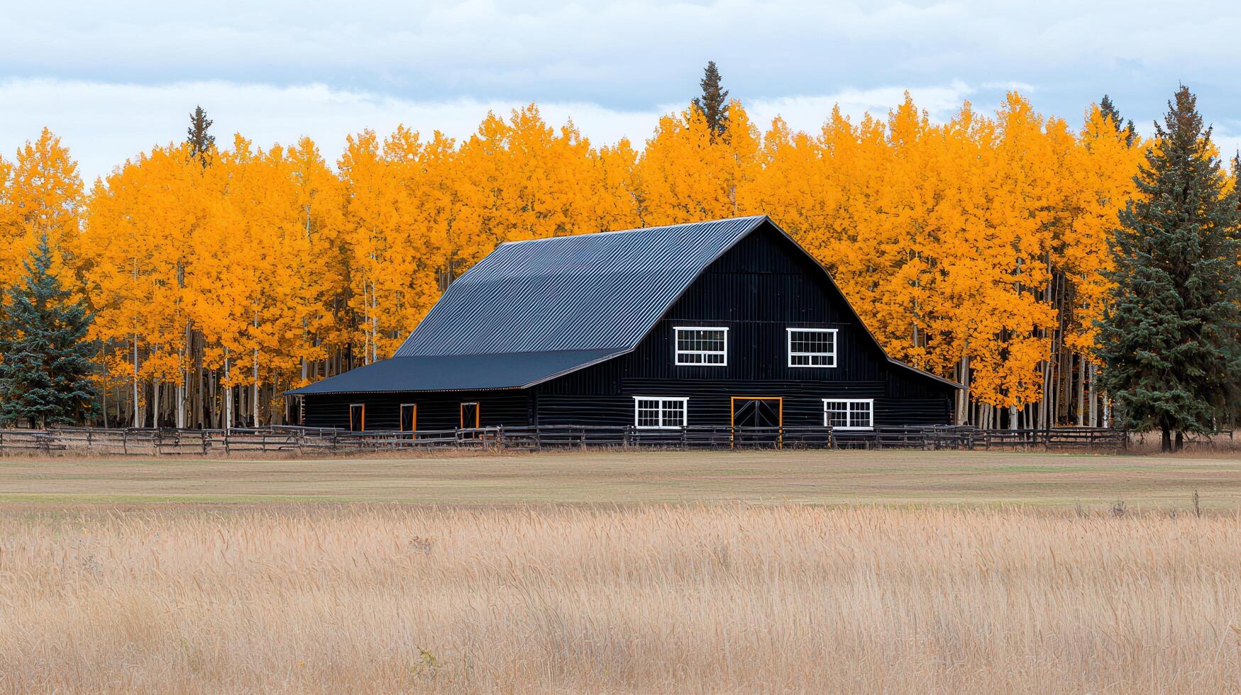 Black Barn Rustic Autumn Landscape Golden Aspen Trees Fall Foliage Scenery photo