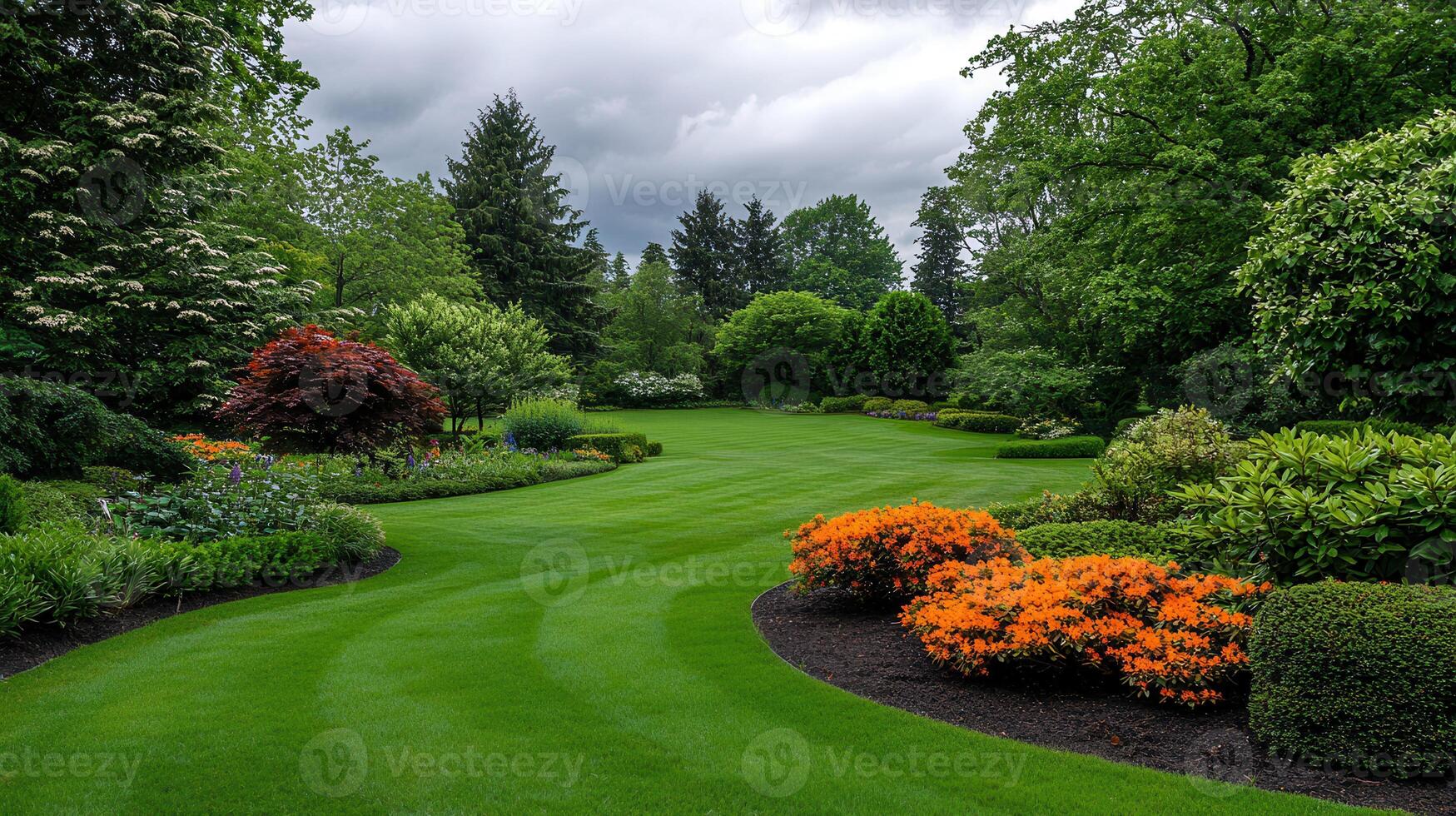 Lush Green Landscape Design Featuring Well Maintained Lawn and Vibrant Flowers photo