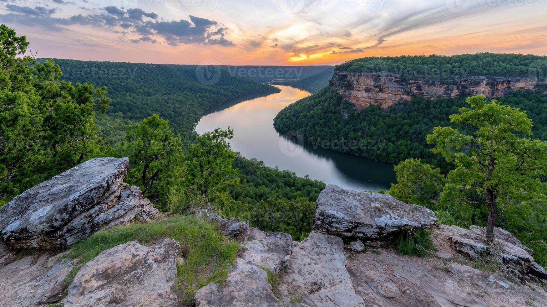 Stunning Sunset Over River Gorge Scenic Vista Breathtaking Nature Landscape Panoramic View photo