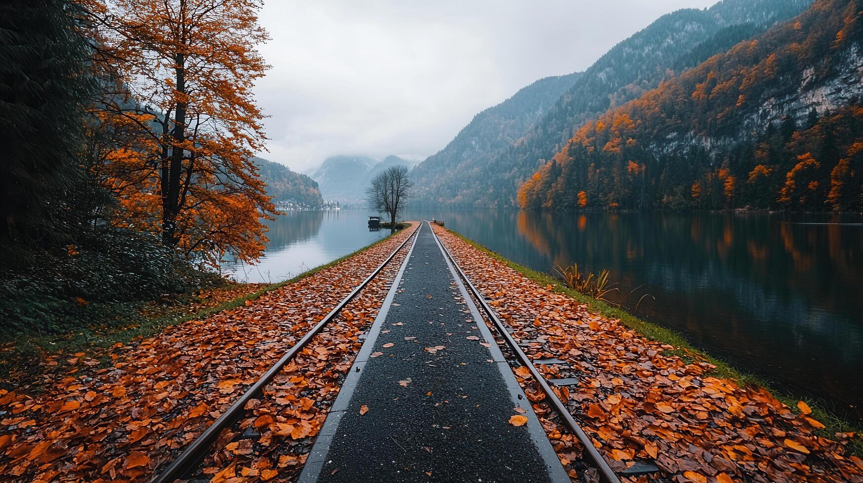 Scenic Autumnal Lake View with Railway Path Covered in Fallen Leaves Tranquil Fall Landscape photo