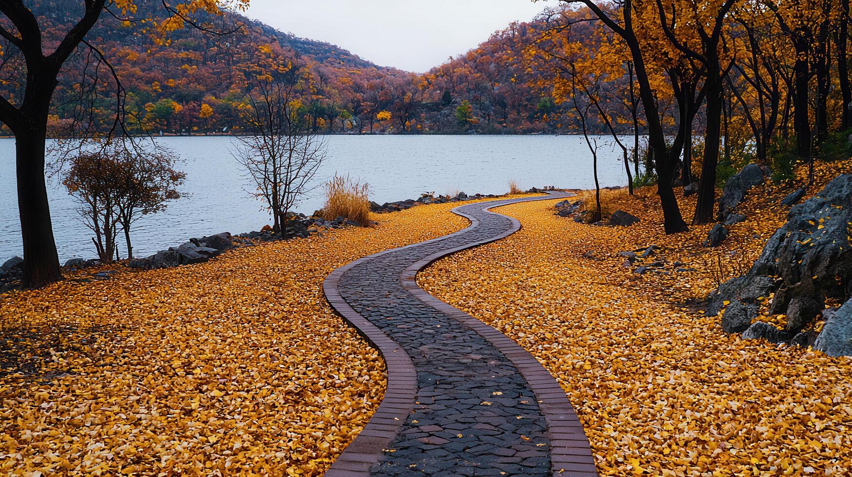 Serene Autumn Path Winding by a Lake Picturesque fall foliage and stone walkway photo