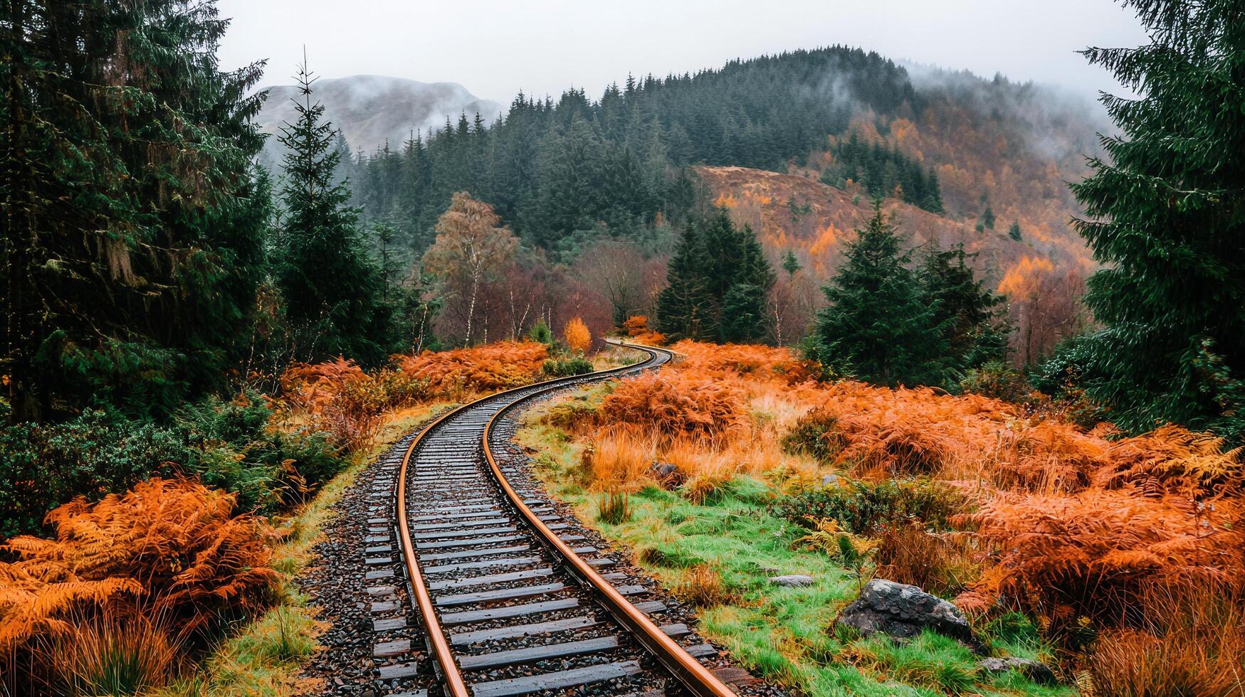 Scenic Autumn Railway Track Winding Through a Lush Green and Orange Foliage Forest photo