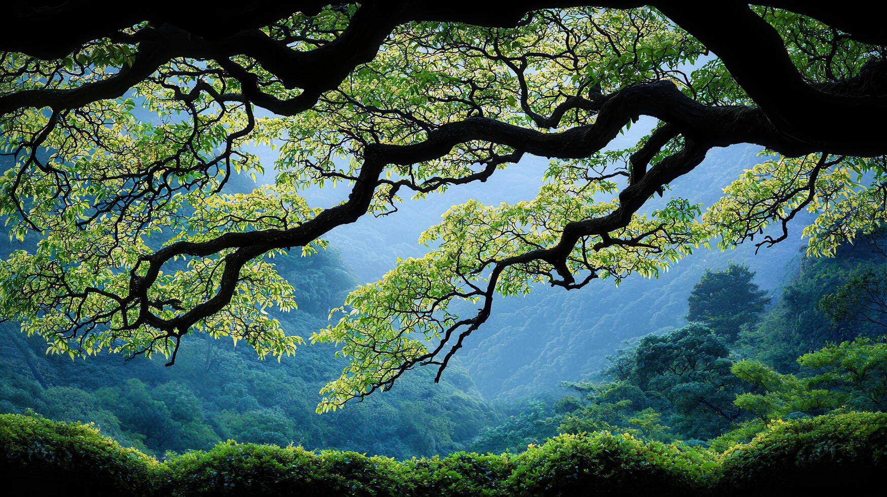 Serene Landscape Lush Green Foliage of a Majestic Tree Overlooking a Tranquil Valley photo