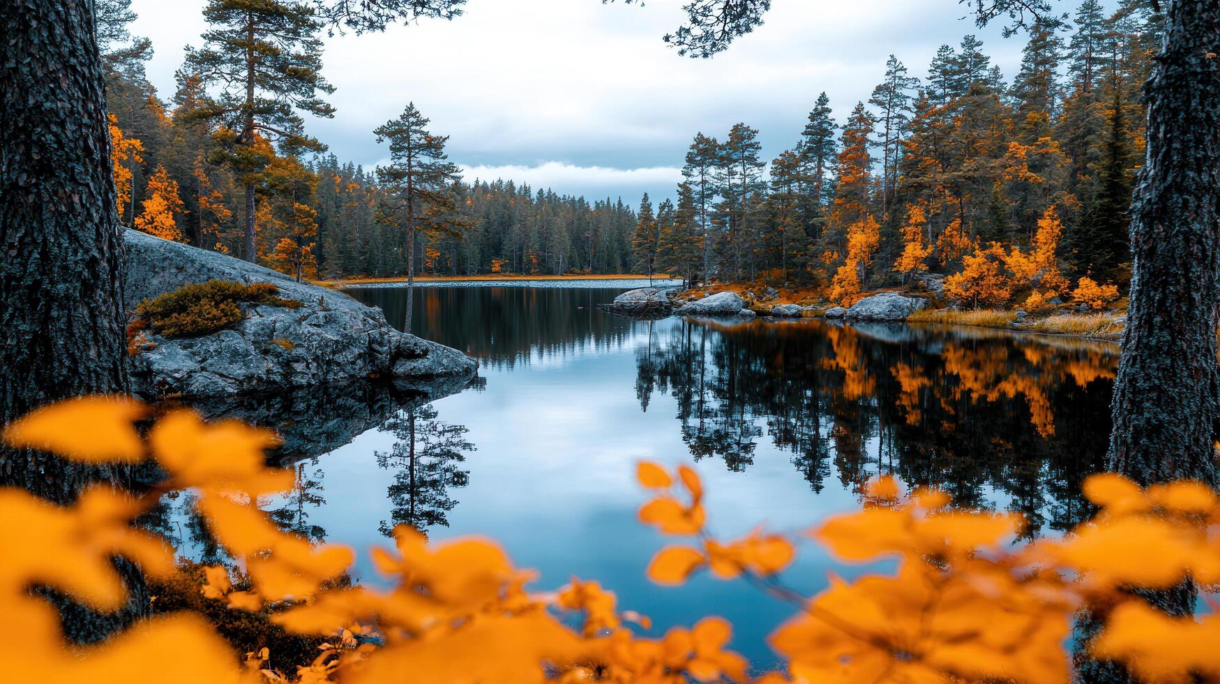 Serene Autumn Lake in a Picturesque Forest Tranquil Nature Scene with Colorful Fall Foliage and Reflections photo