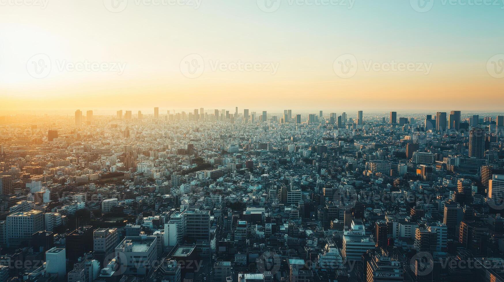 A panoramic cityscape at sunset, showcasing urban buildings and a vast skyline photo