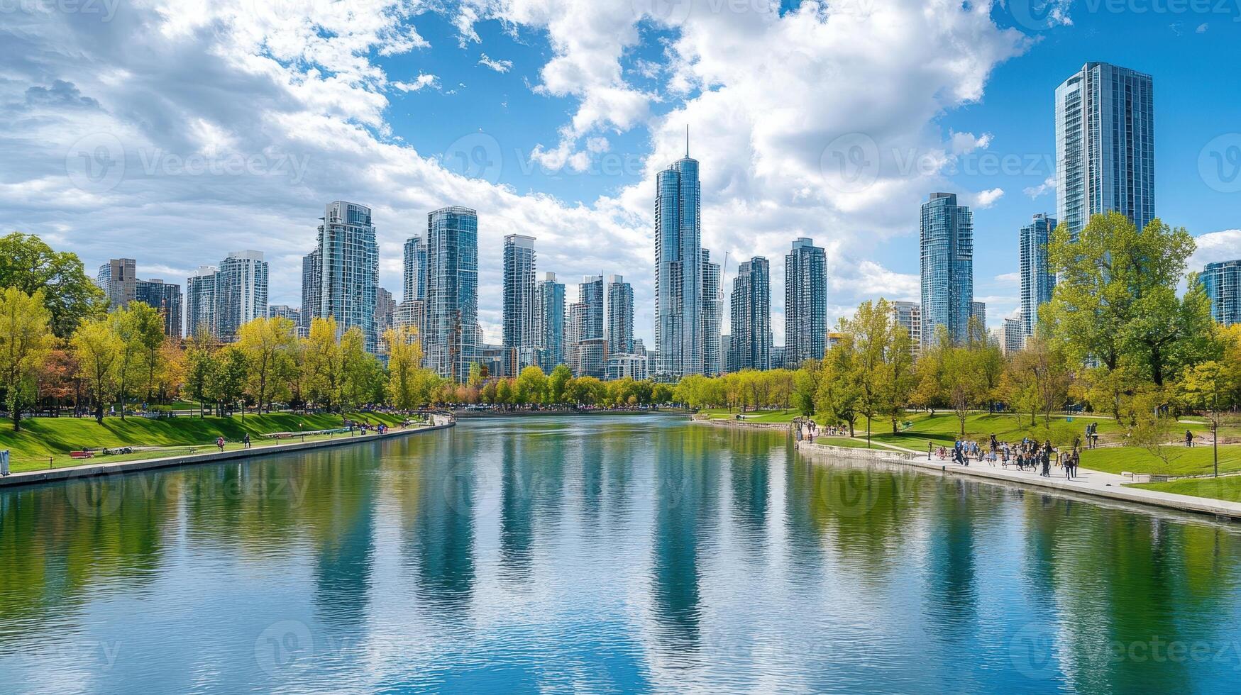 A serene urban park scene with skyscrapers reflecting in a calm lake under a blue sky photo