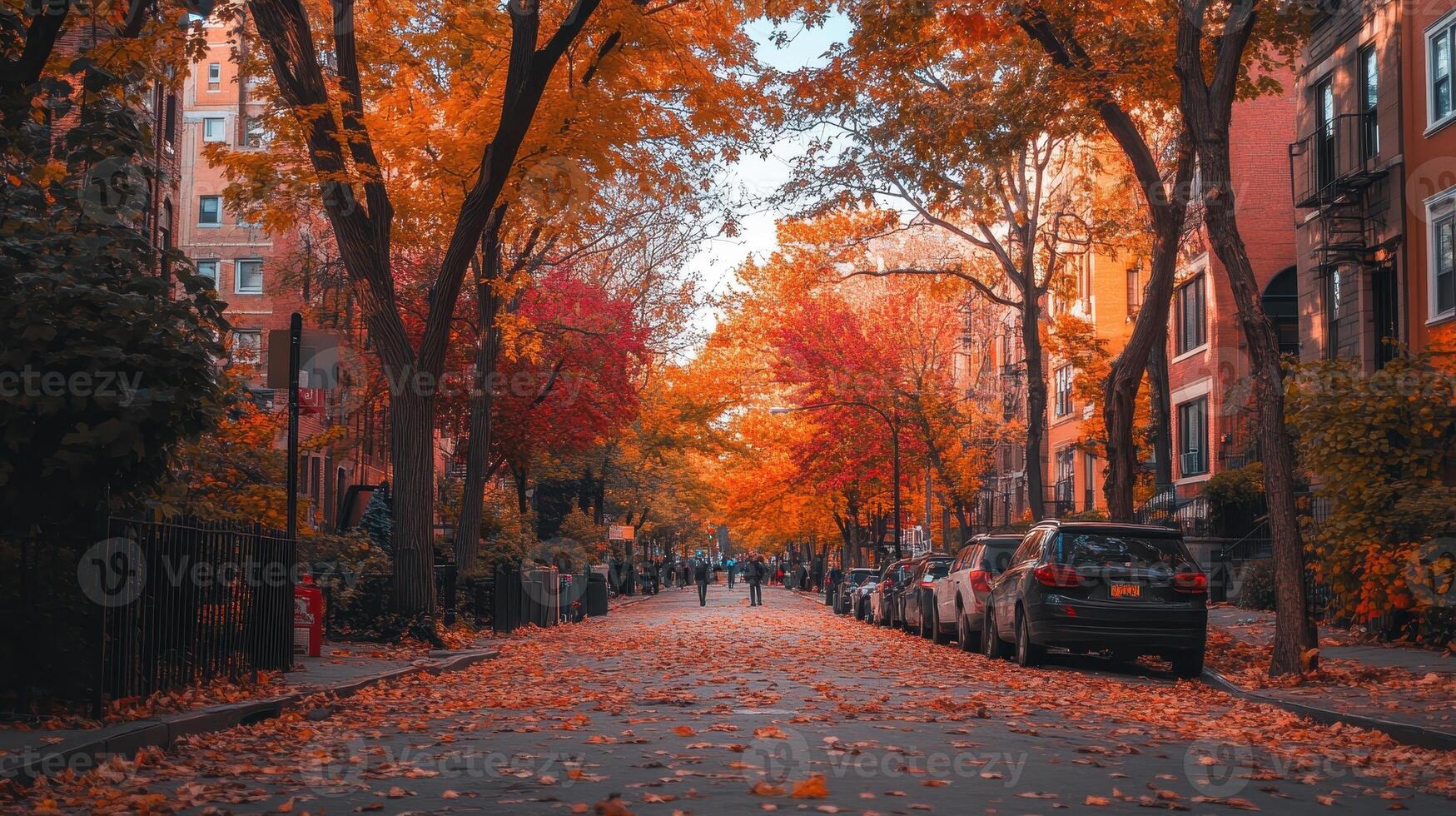 A serene autumn street lined with colorful trees and fallen leaves photo
