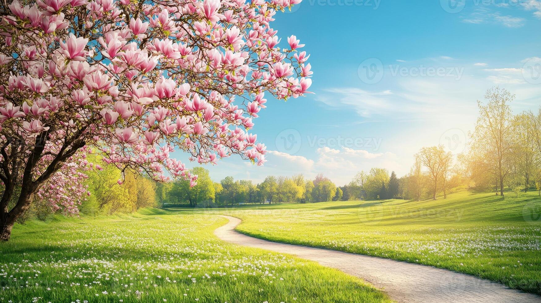 A serene landscape featuring a blooming magnolia tree and a winding path through a green field photo