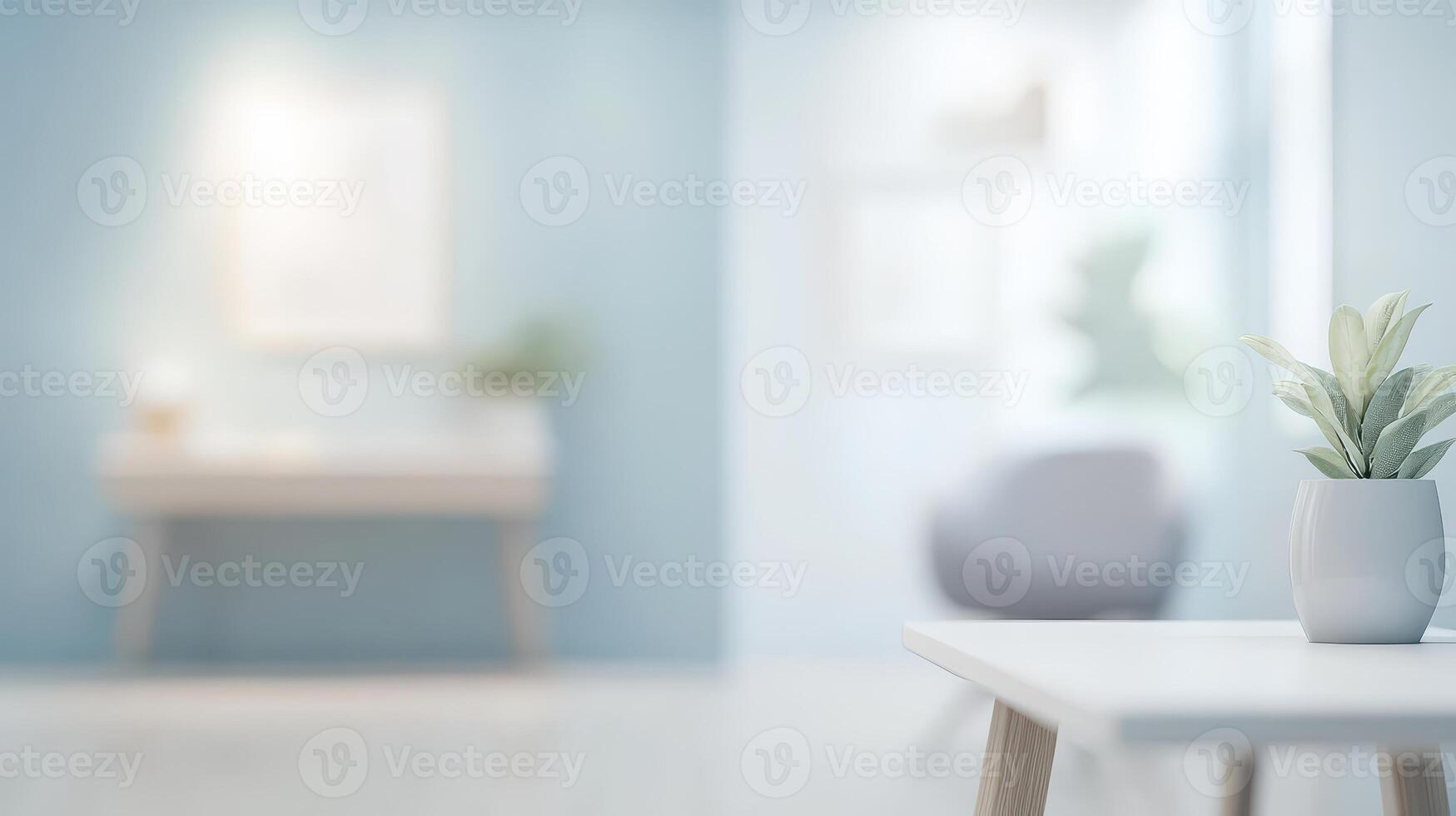 A serene interior space featuring a plant on a table with a soft-focus background photo