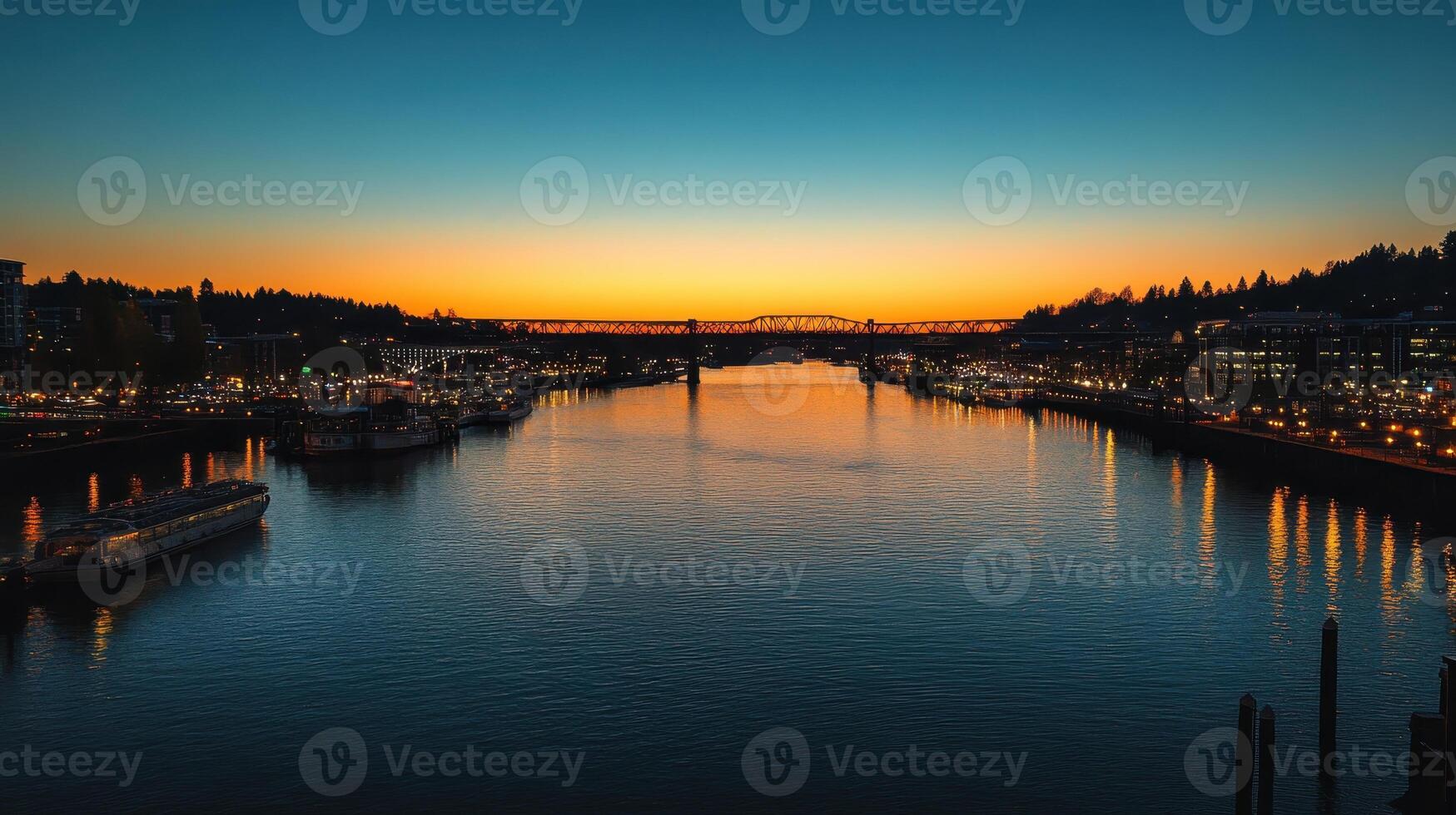 A serene sunset over a river, reflecting city lights and a bridge in the background photo