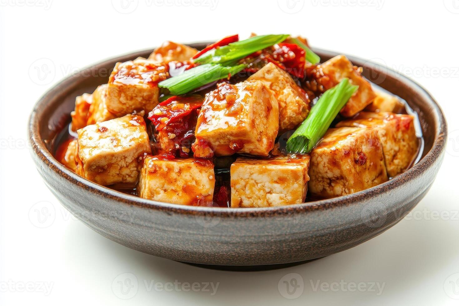 A bowl of tofu in a flavorful sauce, garnished with green onions. photo