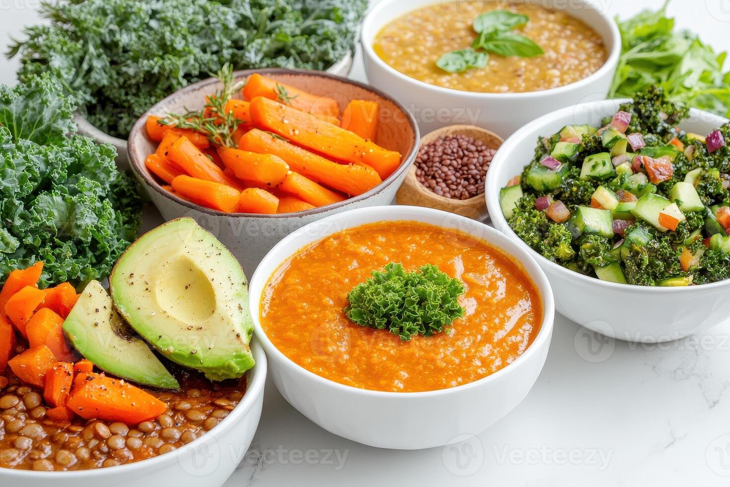A colorful array of healthy dishes featuring vegetables, lentils, and soups for nutritious meals photo