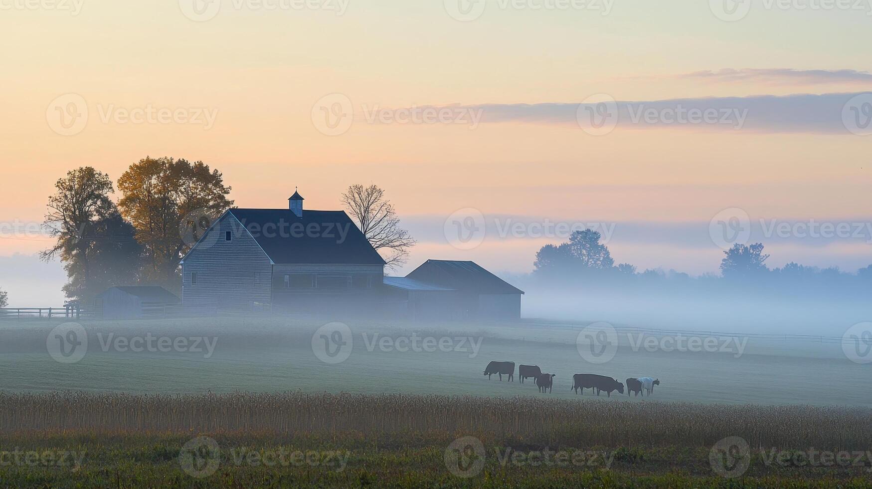 A serene farm landscape at dawn with mist, a barn, and grazing cows photo
