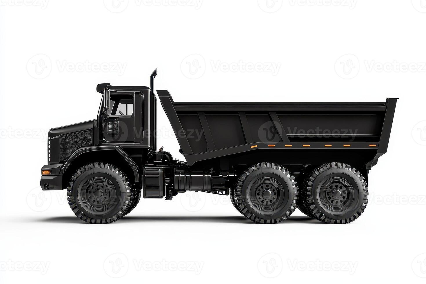 A black dump truck with a large open bed for transporting materials. photo