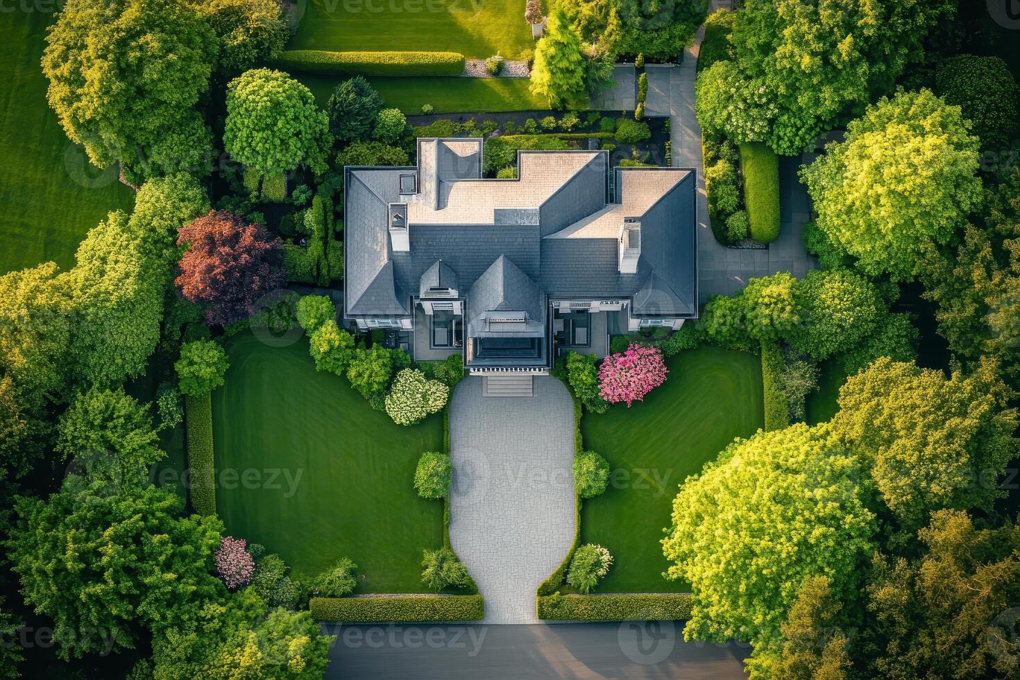 Aerial view of a beautifully landscaped home surrounded by lush greenery photo