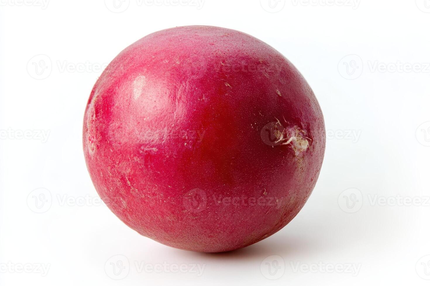A single red radish on a white background, showcasing its smooth texture and vibrant color photo