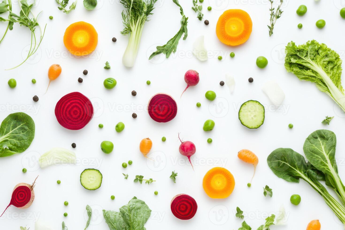 A colorful arrangement of fresh vegetables and herbs on a white background. photo