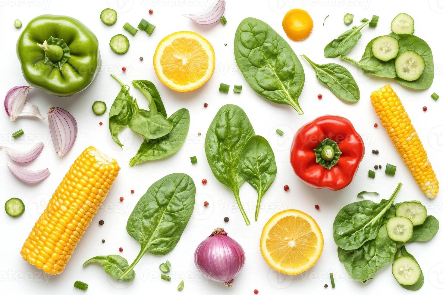 A vibrant arrangement of fresh vegetables and fruits on a white background photo