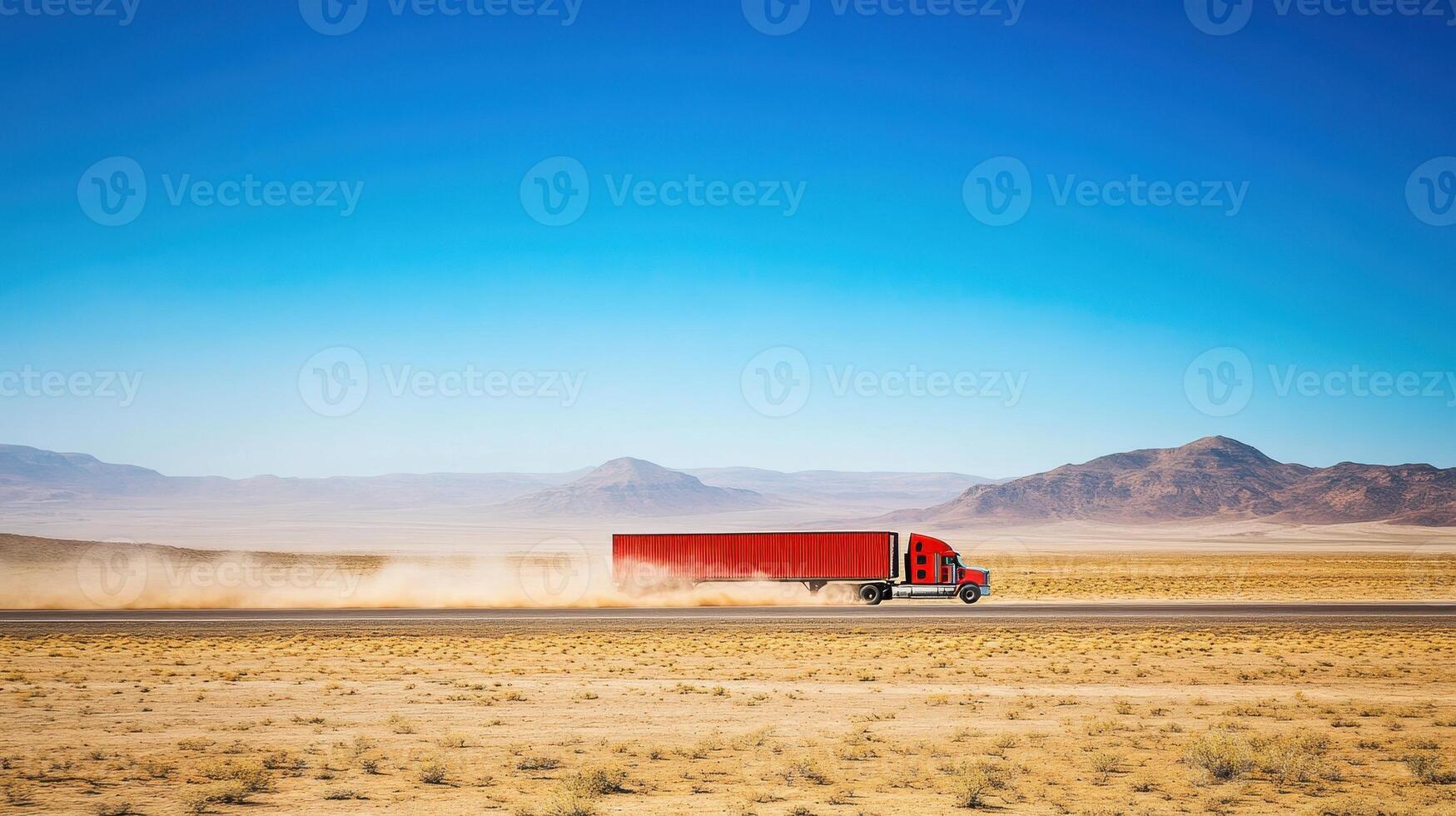 A red truck driving through a vast desert landscape under a clear blue sky. photo