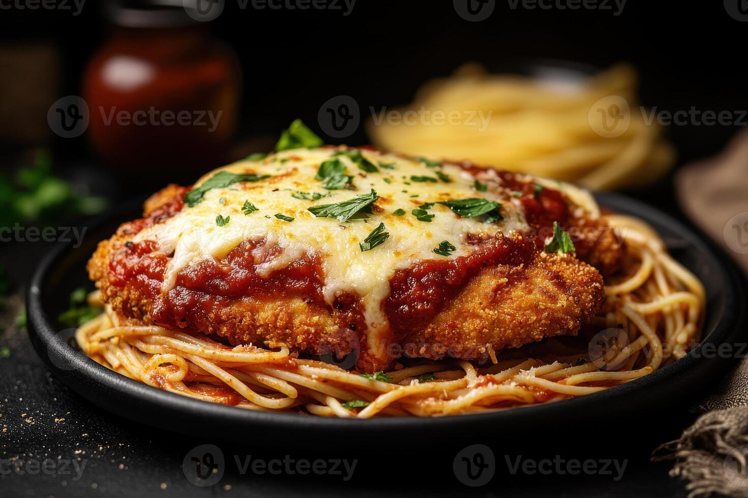 A plate of chicken parmesan served over spaghetti with cheese and herbs photo