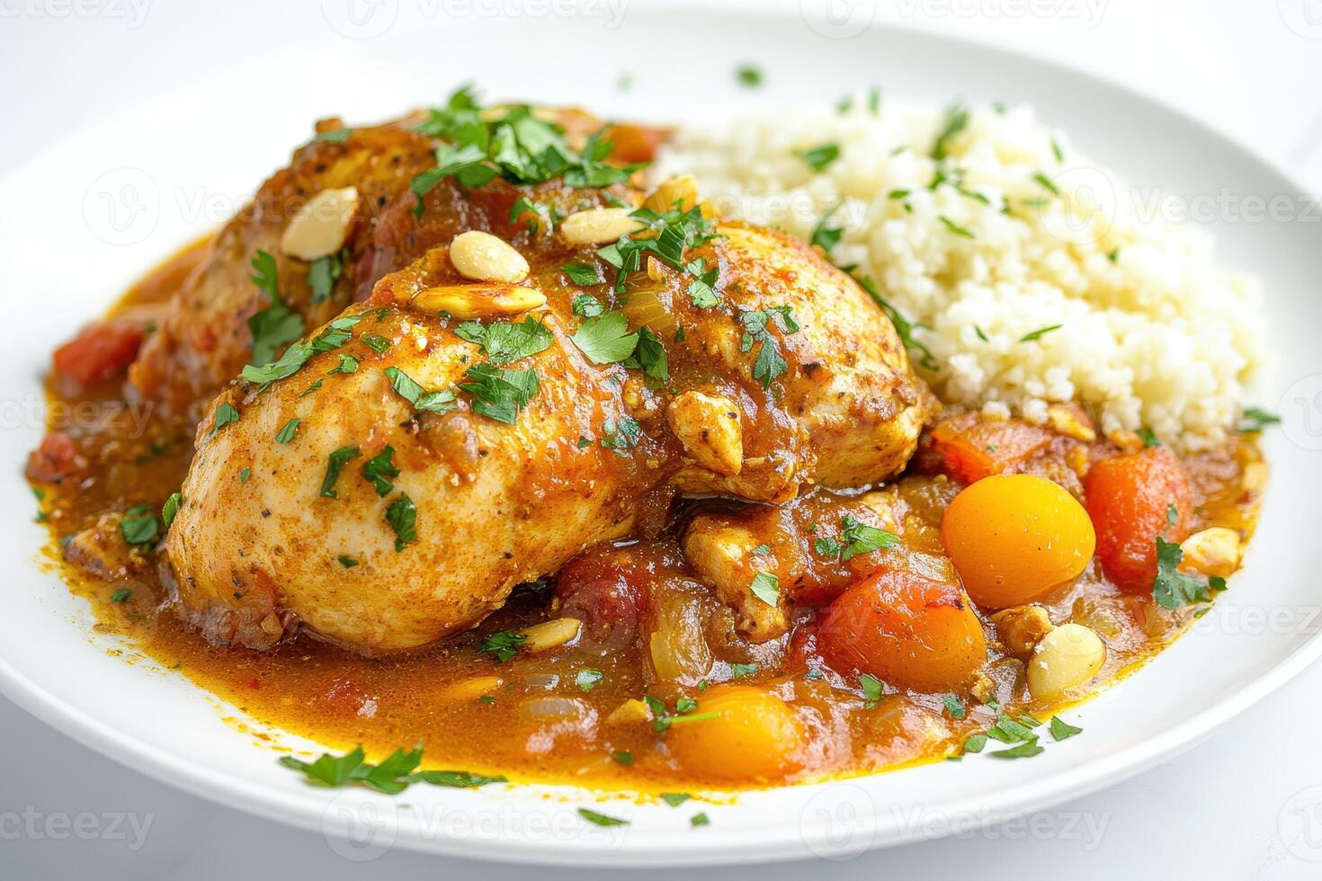 A plate of flavorful chicken stew served with rice and garnished with herbs photo