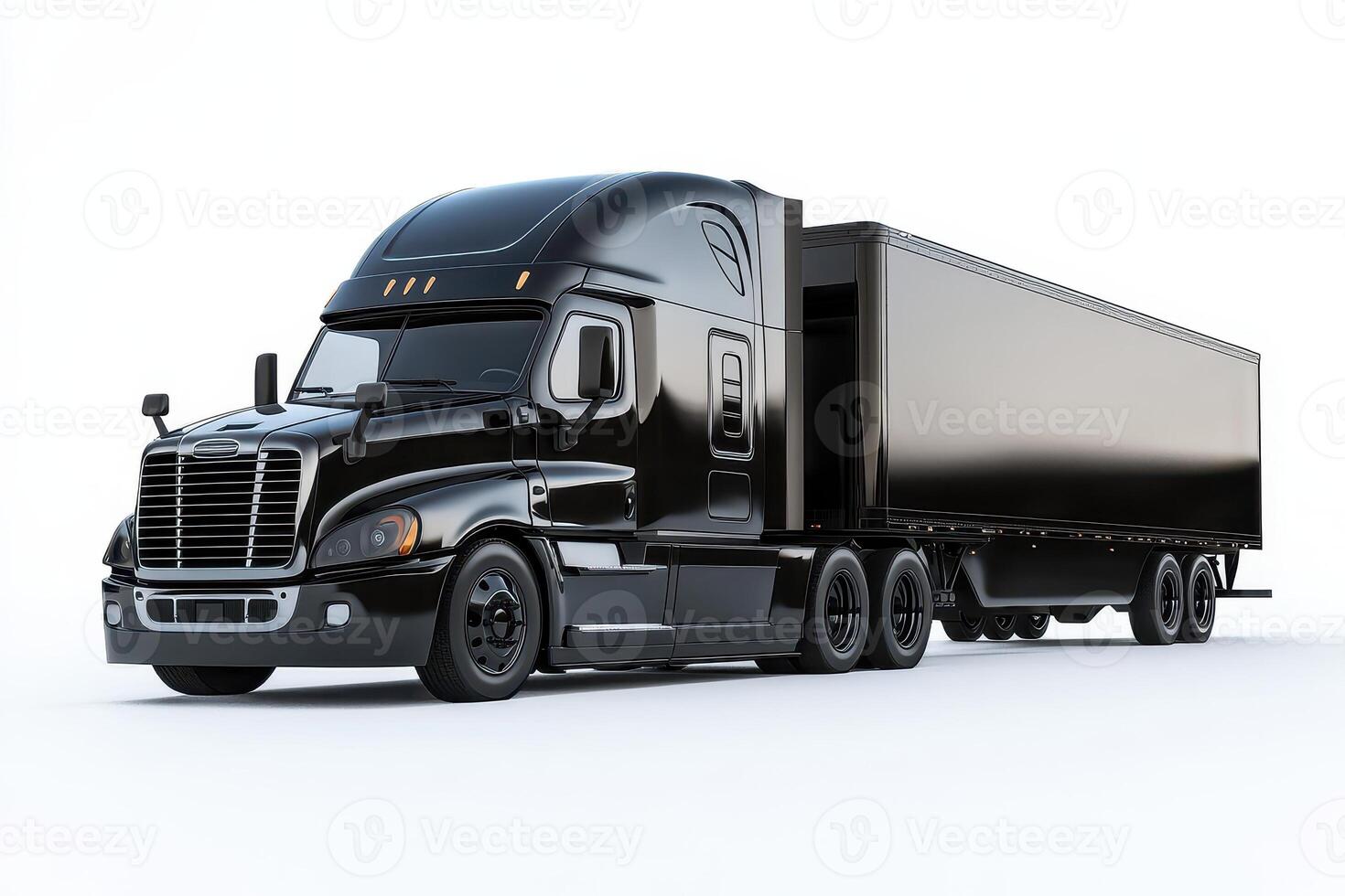 A sleek black truck with a trailer, isolated on white background photo