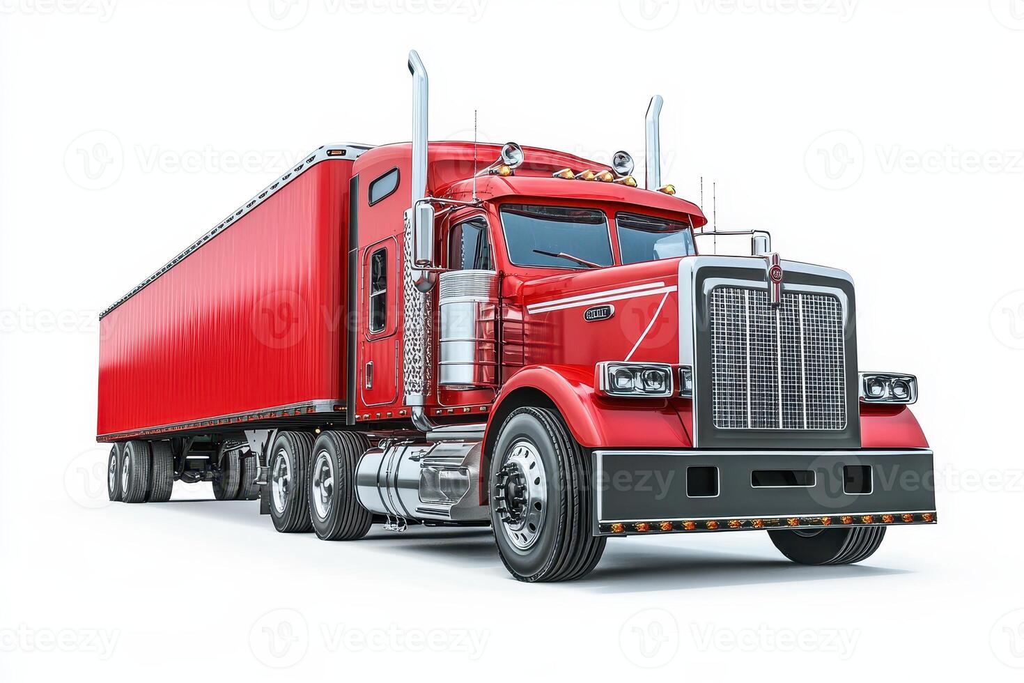 A red truck with a trailer, designed for transporting goods. photo