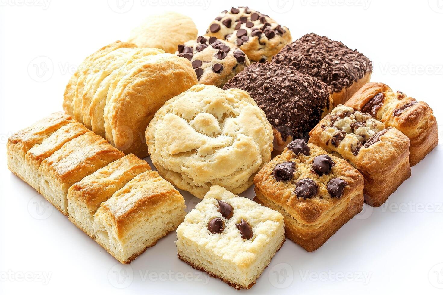 A variety of baked goods including biscuits, pastries, and cookies arranged aesthetically photo