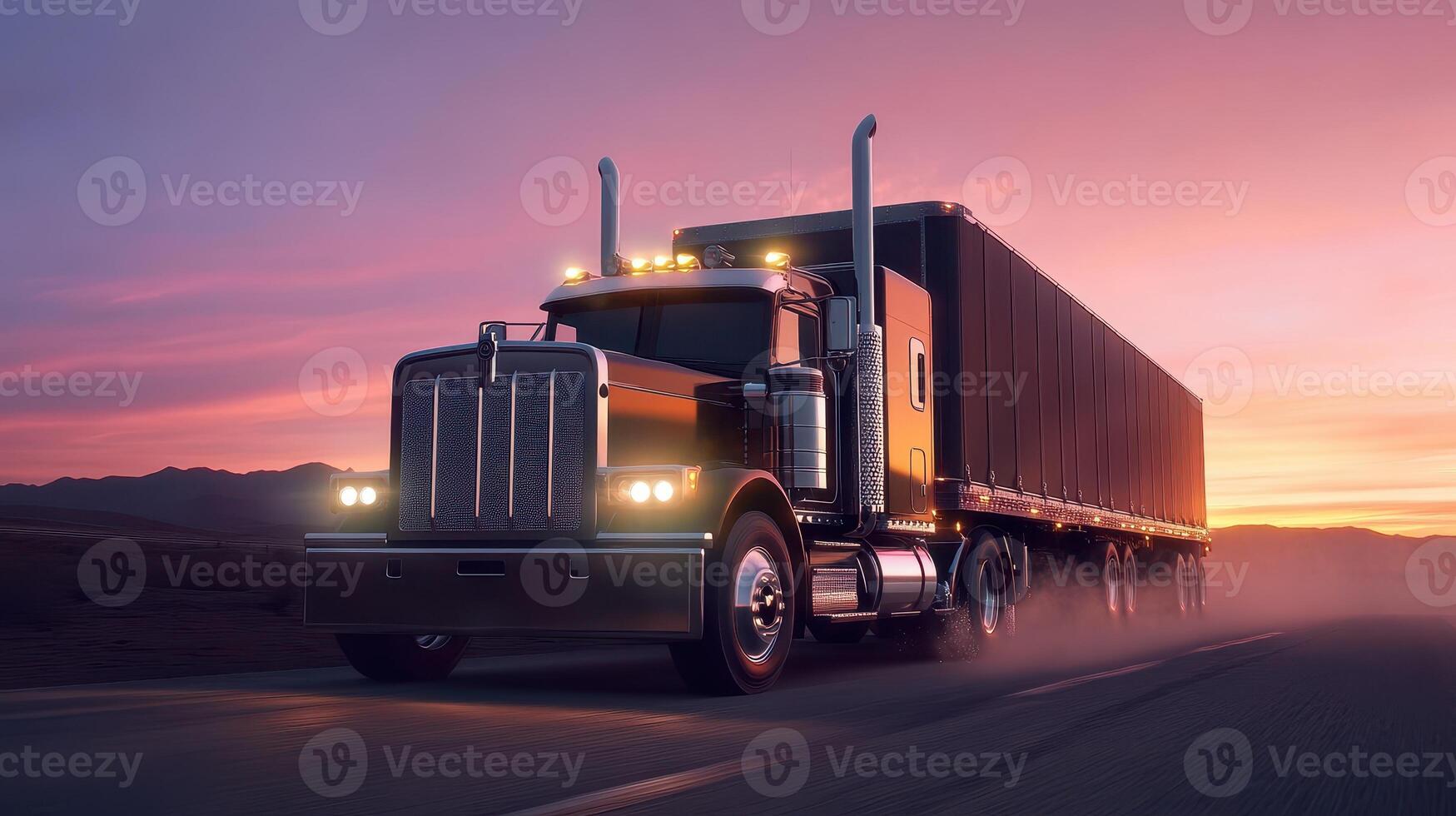 A powerful truck driving on a road at sunset, showcasing its robust design and purpose. photo