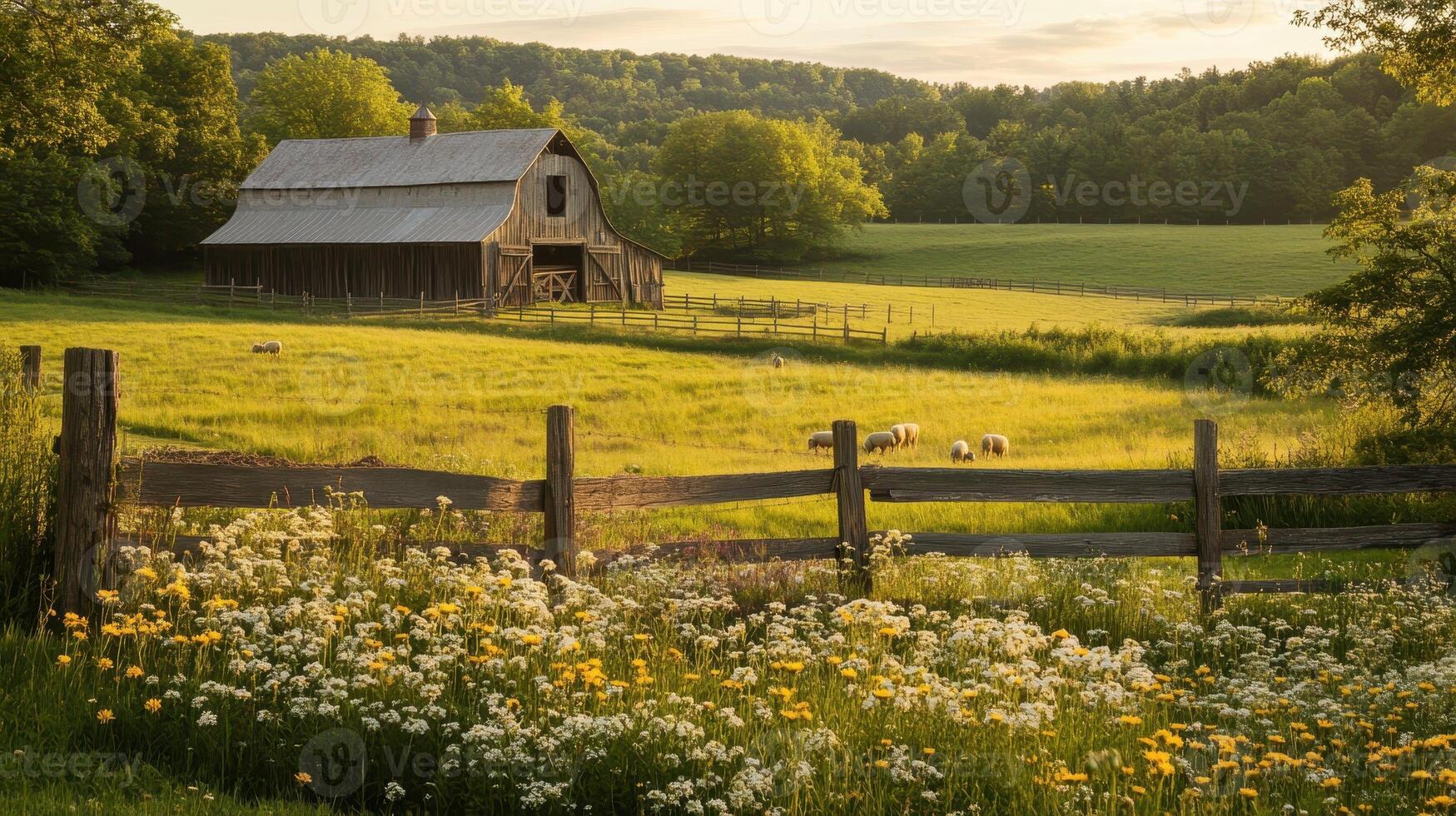 A serene countryside scene featuring a barn, green fields, and grazing sheep under a sunset photo