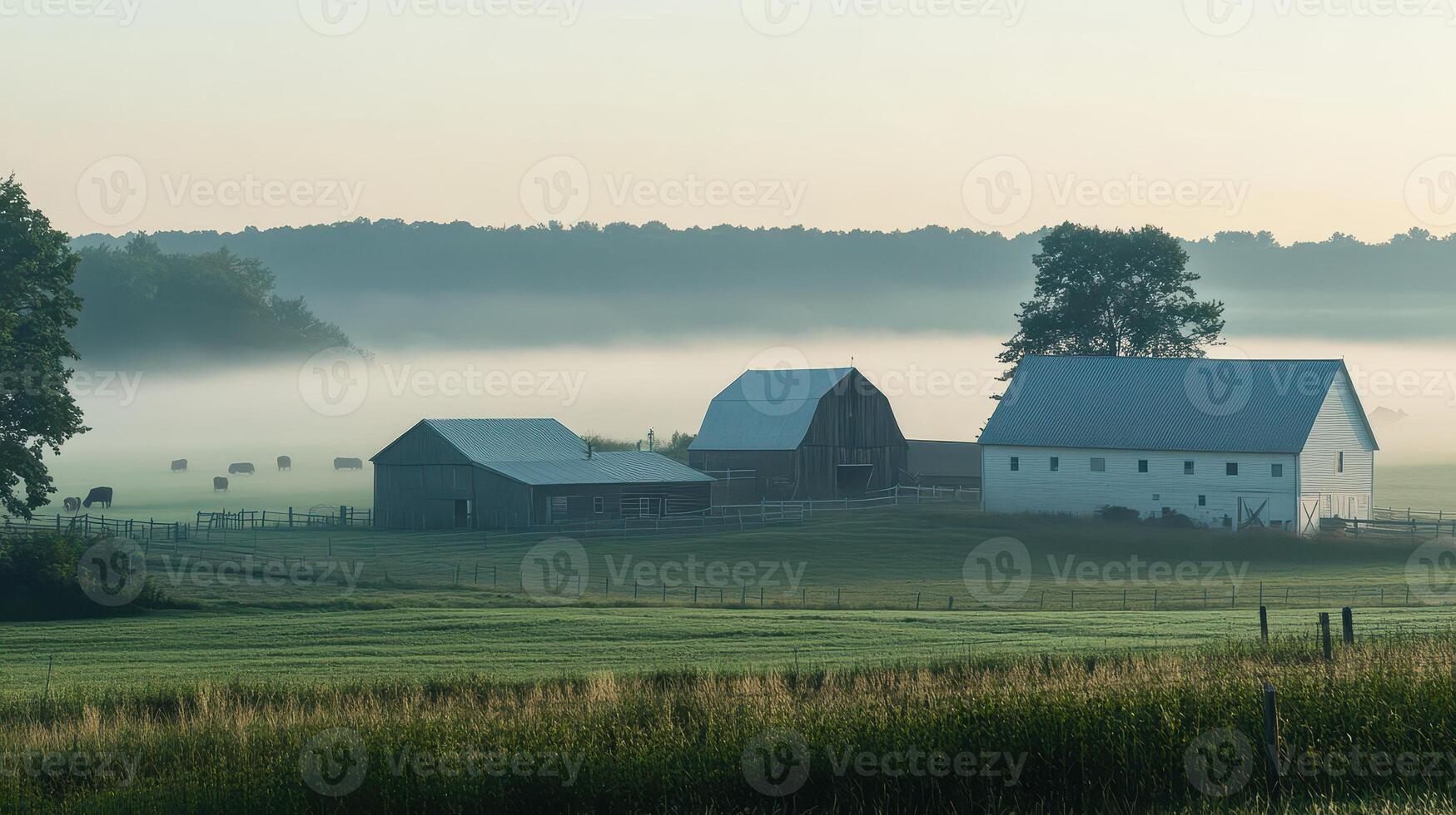 A serene rural landscape featuring barns and misty fields at dawn photo