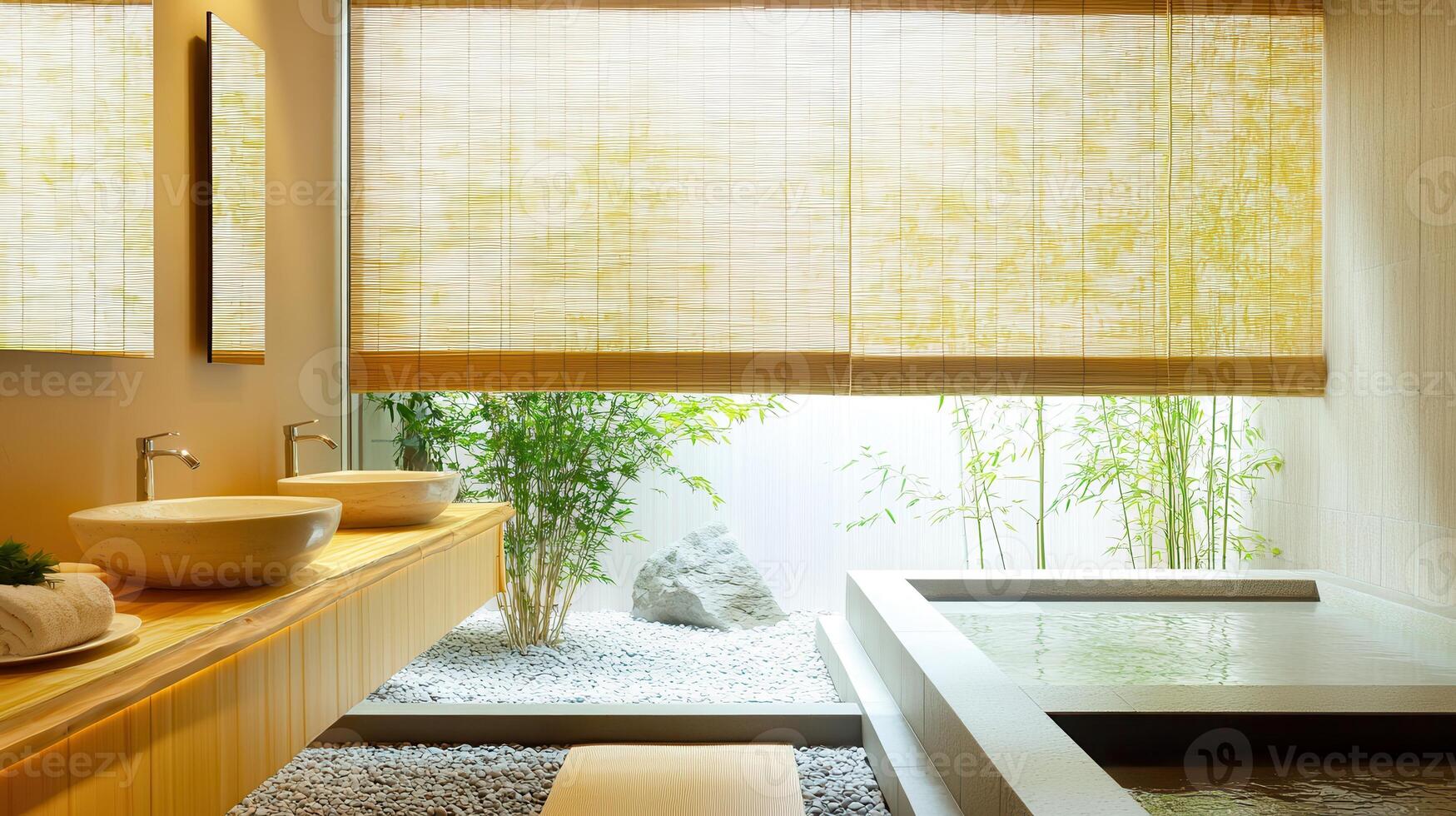 A serene bathroom with natural elements and a relaxation area photo