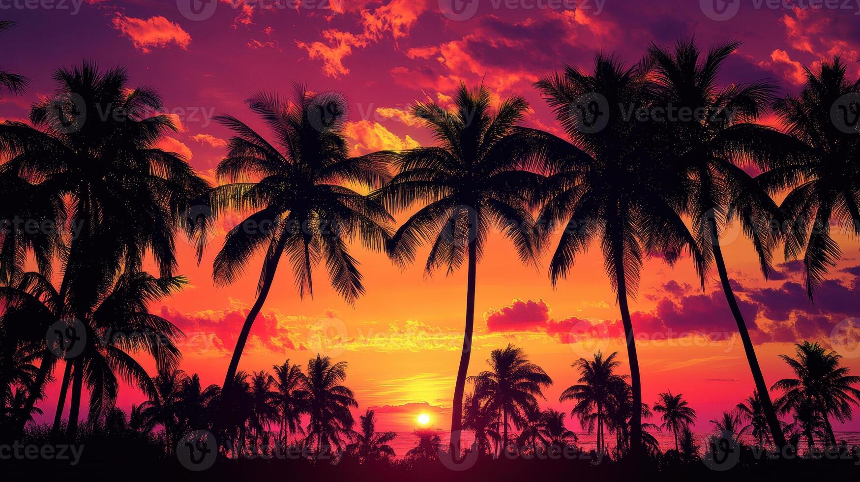 A vibrant sunset over a tropical landscape with silhouetted palm trees photo