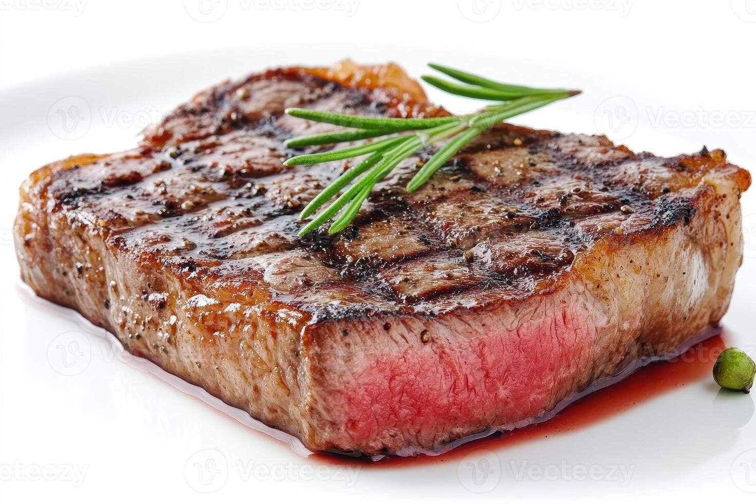 A perfectly cooked steak garnished with herbs, showcasing its juicy texture and grill marks photo