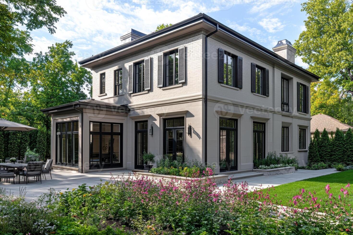 A modern two-story house surrounded by greenery and flowers photo