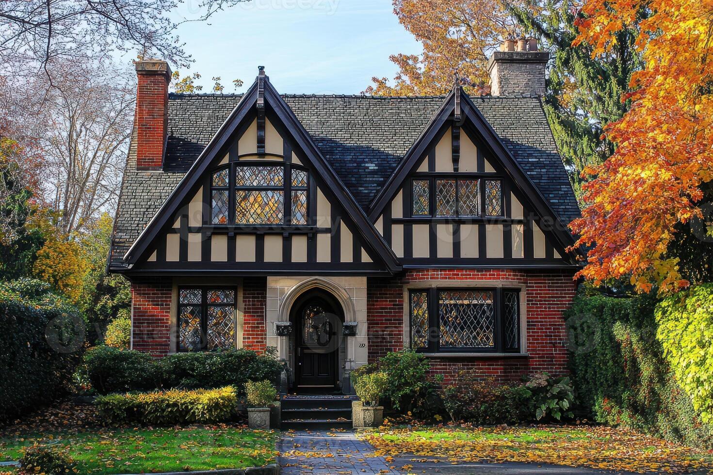 A charming Tudor-style house surrounded by autumn foliage photo