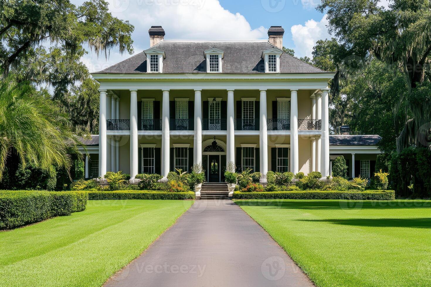 A grand, neoclassical mansion with columns and a manicured lawn photo