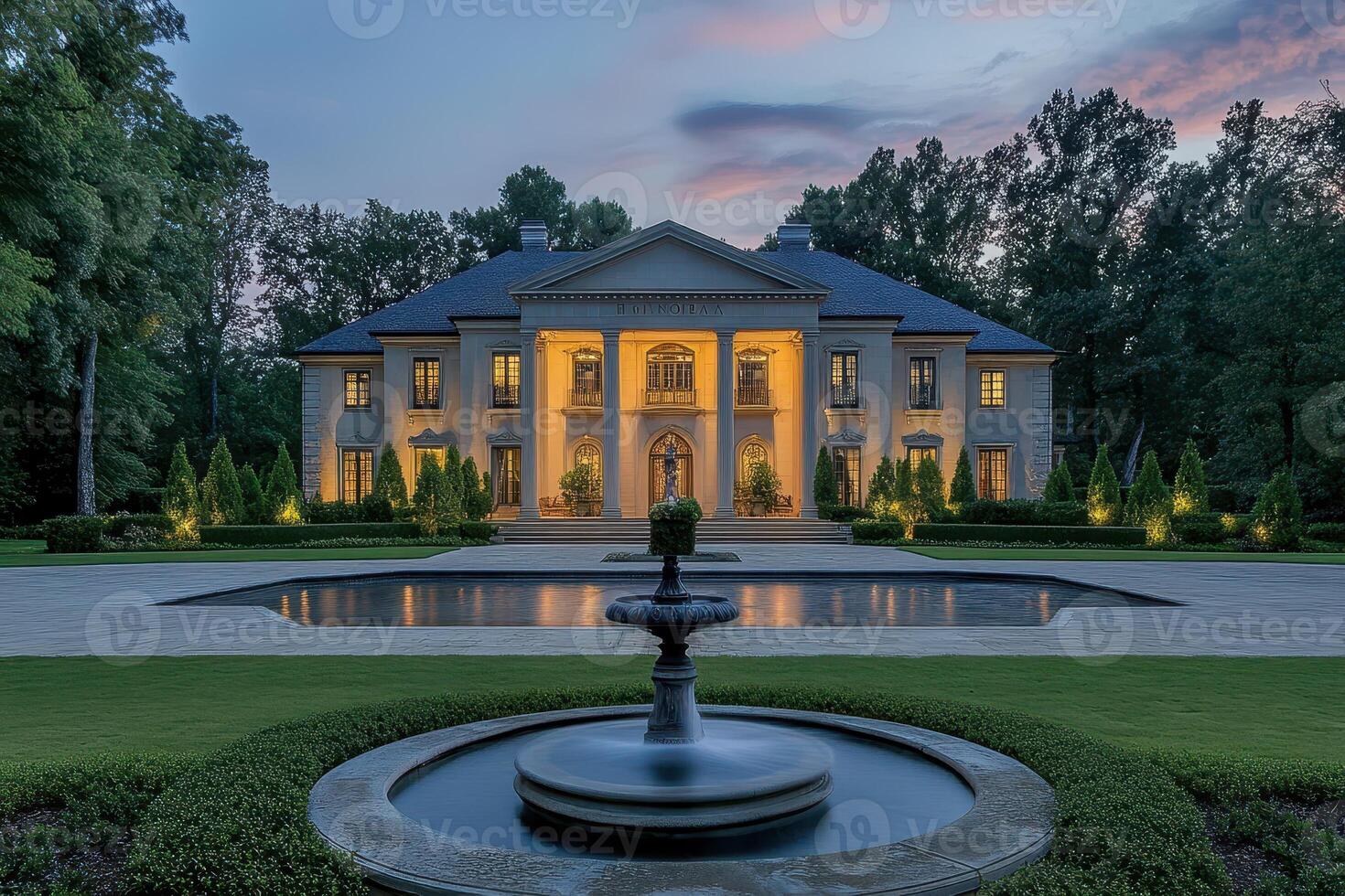 A grand mansion illuminated at dusk with a fountain and landscaped surroundings photo