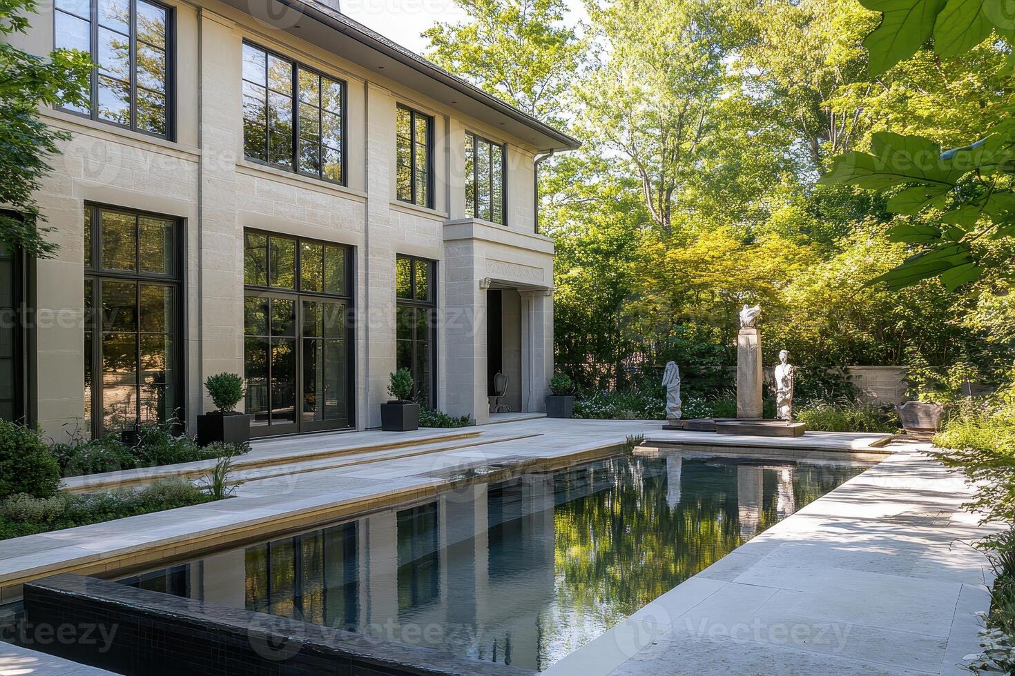 A serene outdoor pool area surrounded by lush greenery and elegant architecture photo