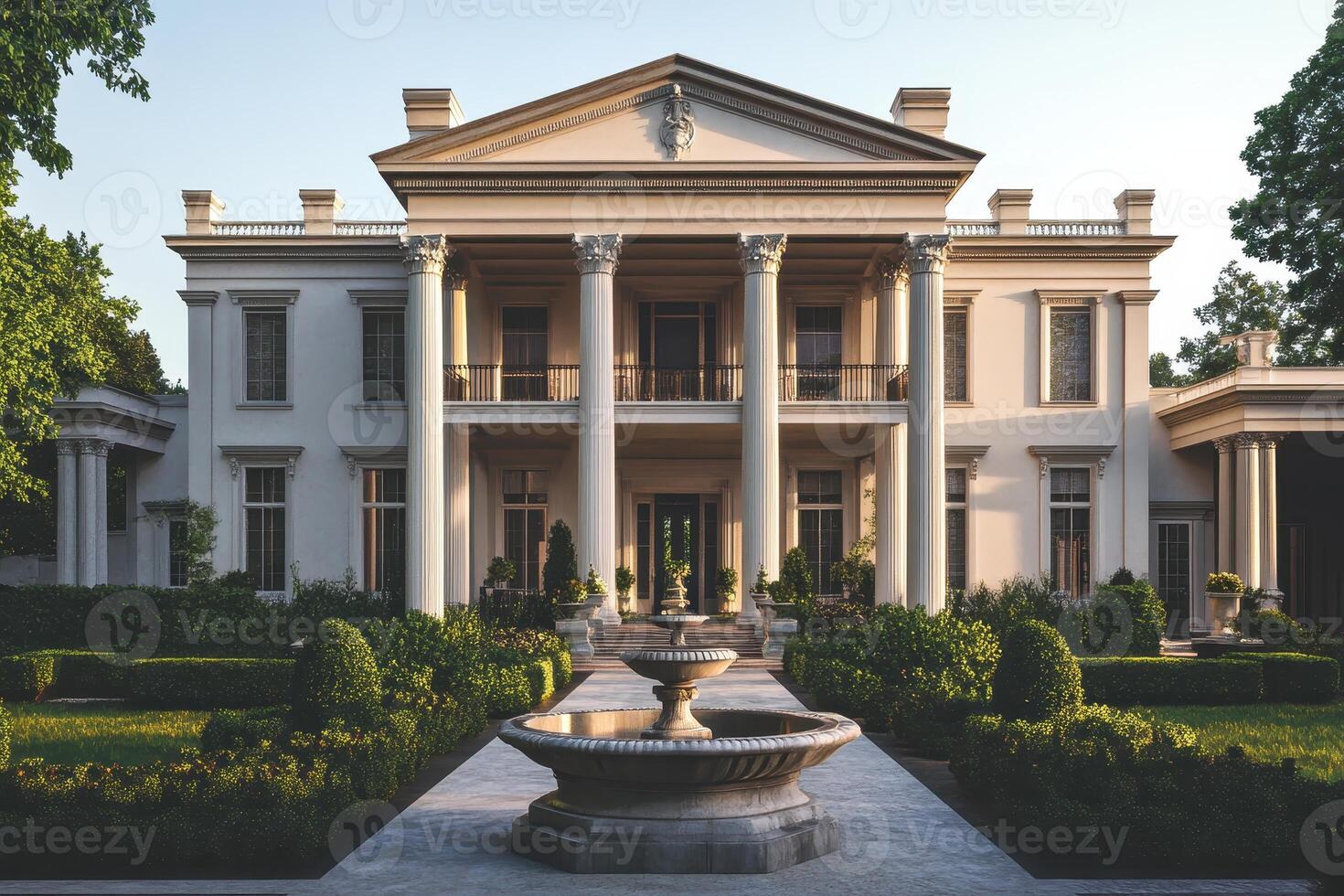 A grand mansion with classical architecture and landscaped gardens photo