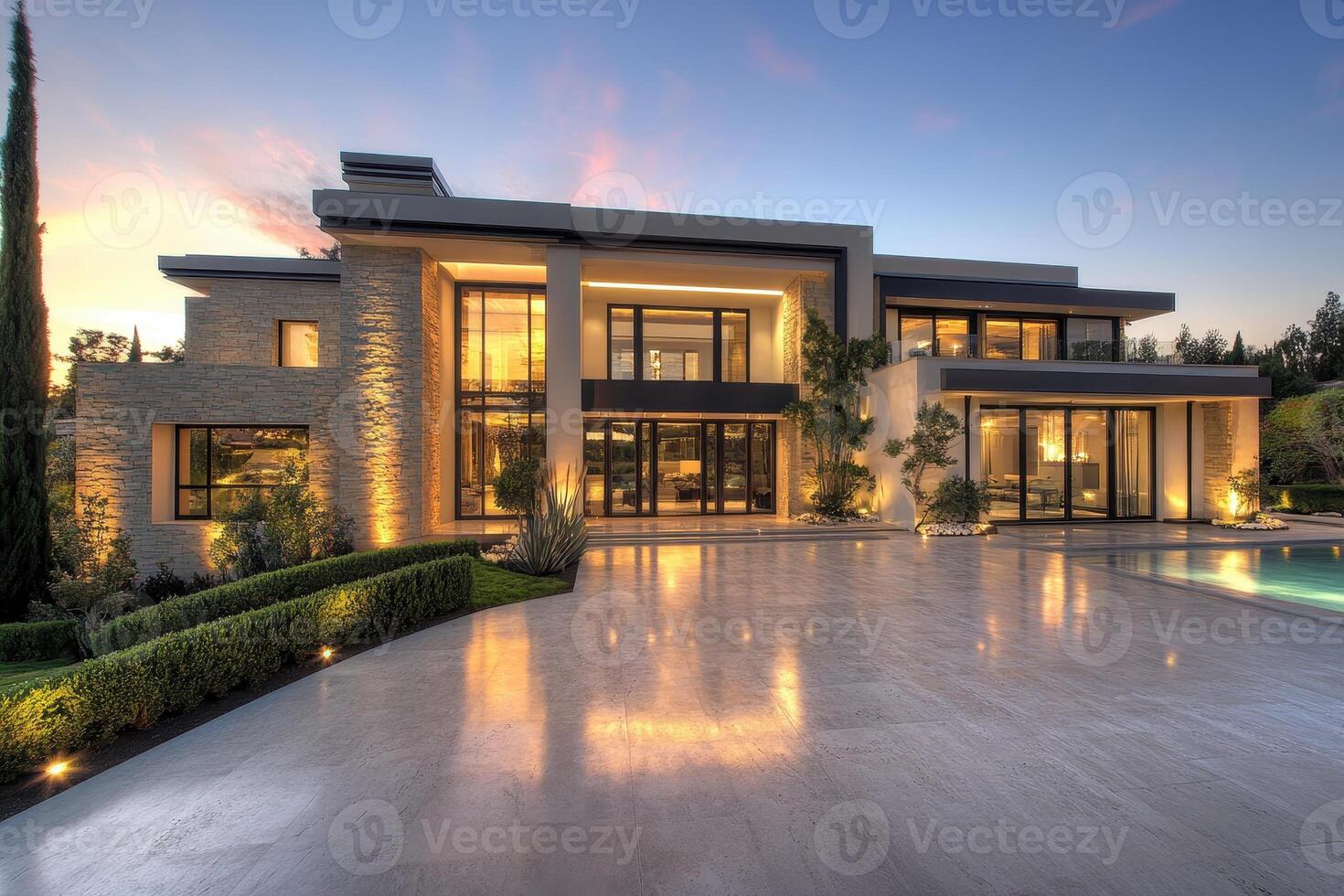 Modern house exterior at sunset with illuminated landscaping and pool photo