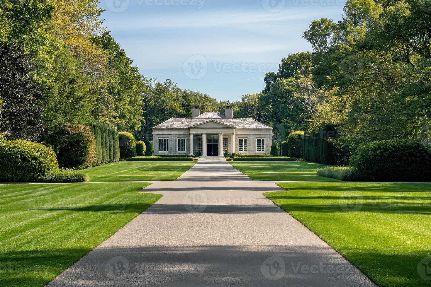 A serene pathway leading to a stylish house surrounded by well-maintained gardens photo