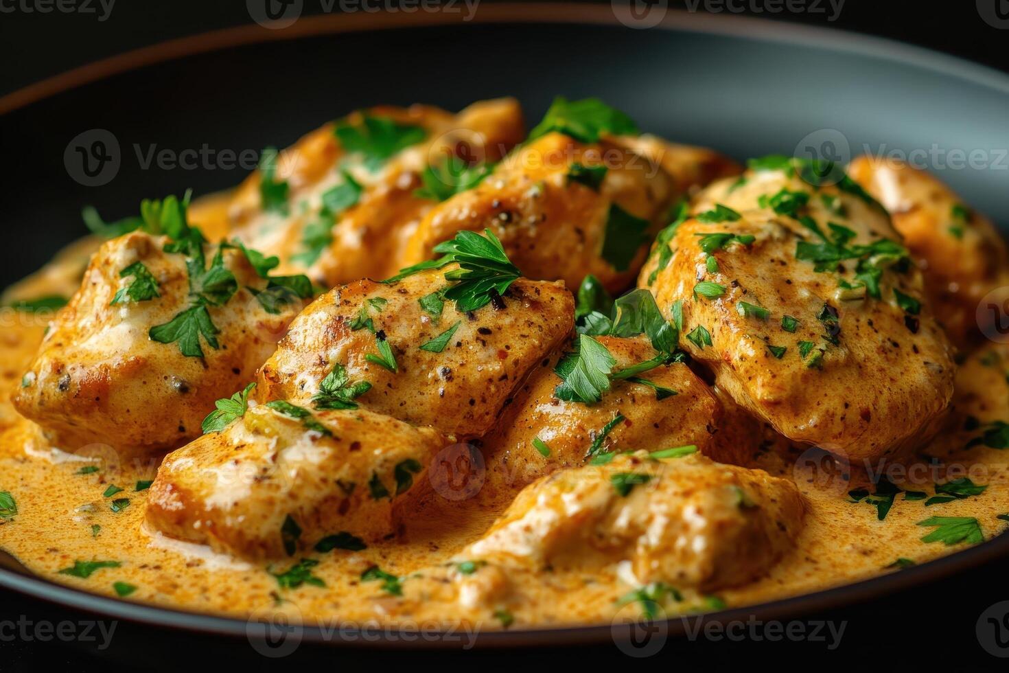 A plate of creamy chicken dish garnished with fresh parsley photo