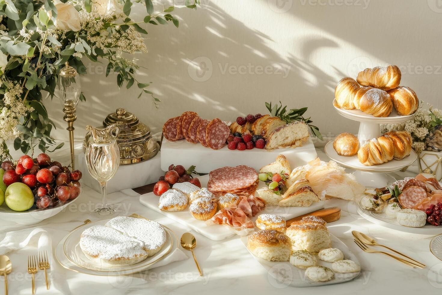 A beautifully arranged table with various gourmet foods and drinks for a celebration photo
