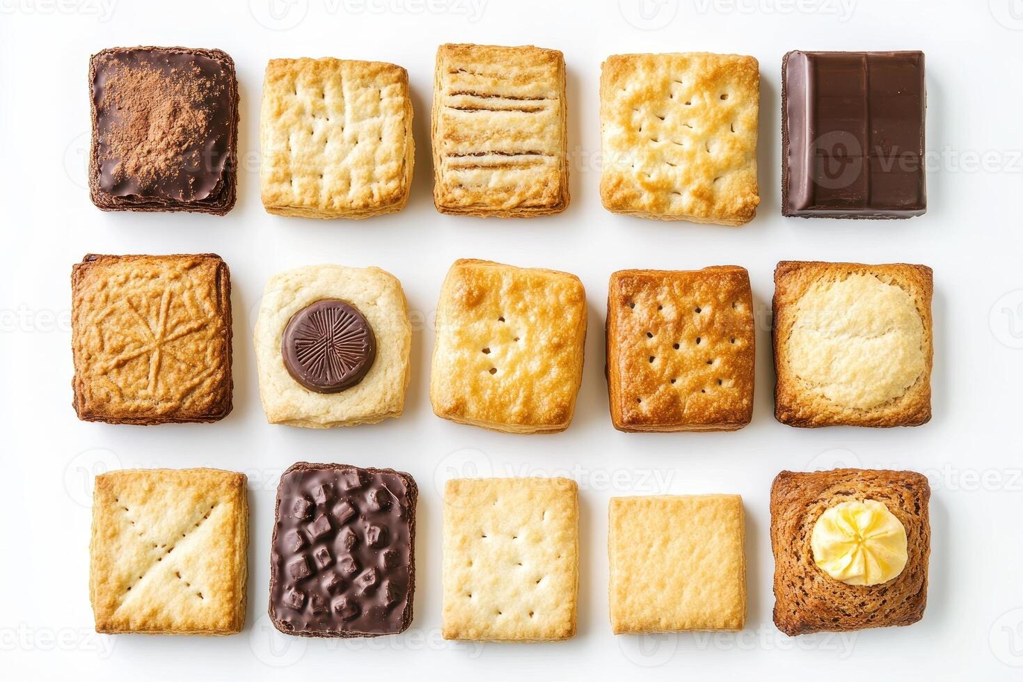 A variety of baked cookies arranged in a grid pattern photo