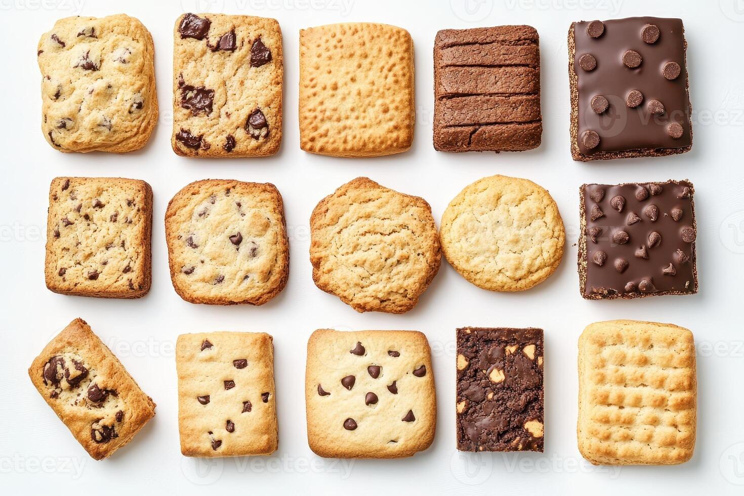 A variety of cookies arranged in a grid pattern, showcasing different shapes and flavors photo